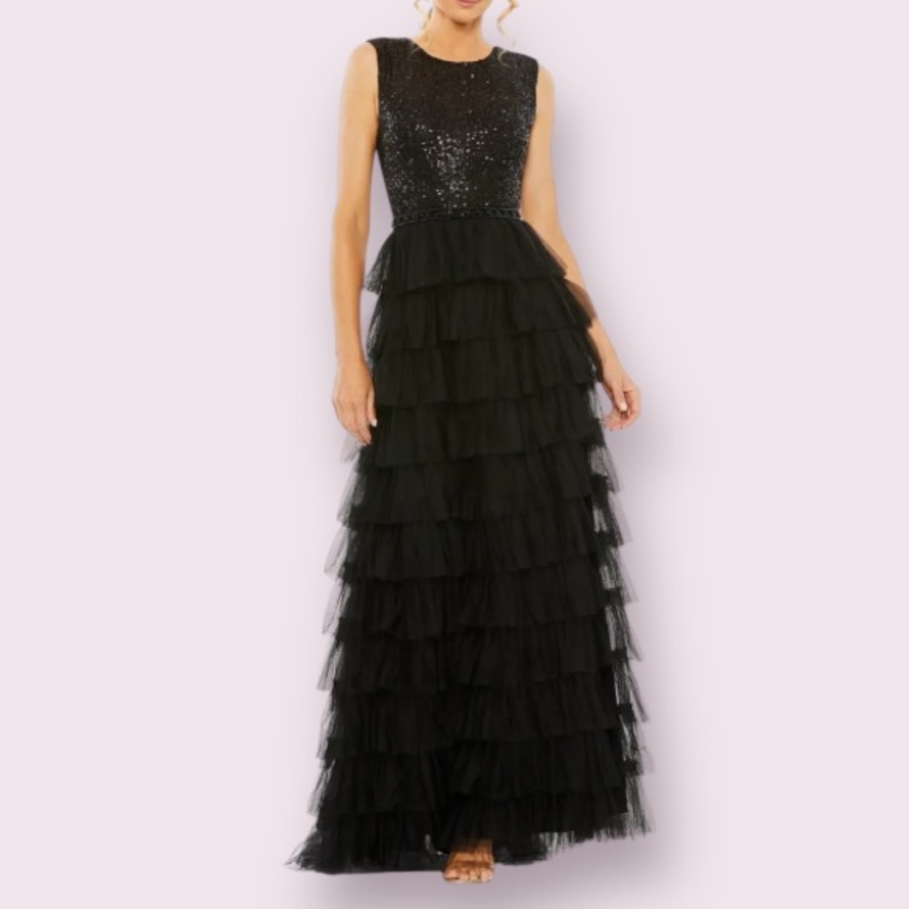 Mac Duggal Sequin Tulle Ruffle Tiered Gown in Black